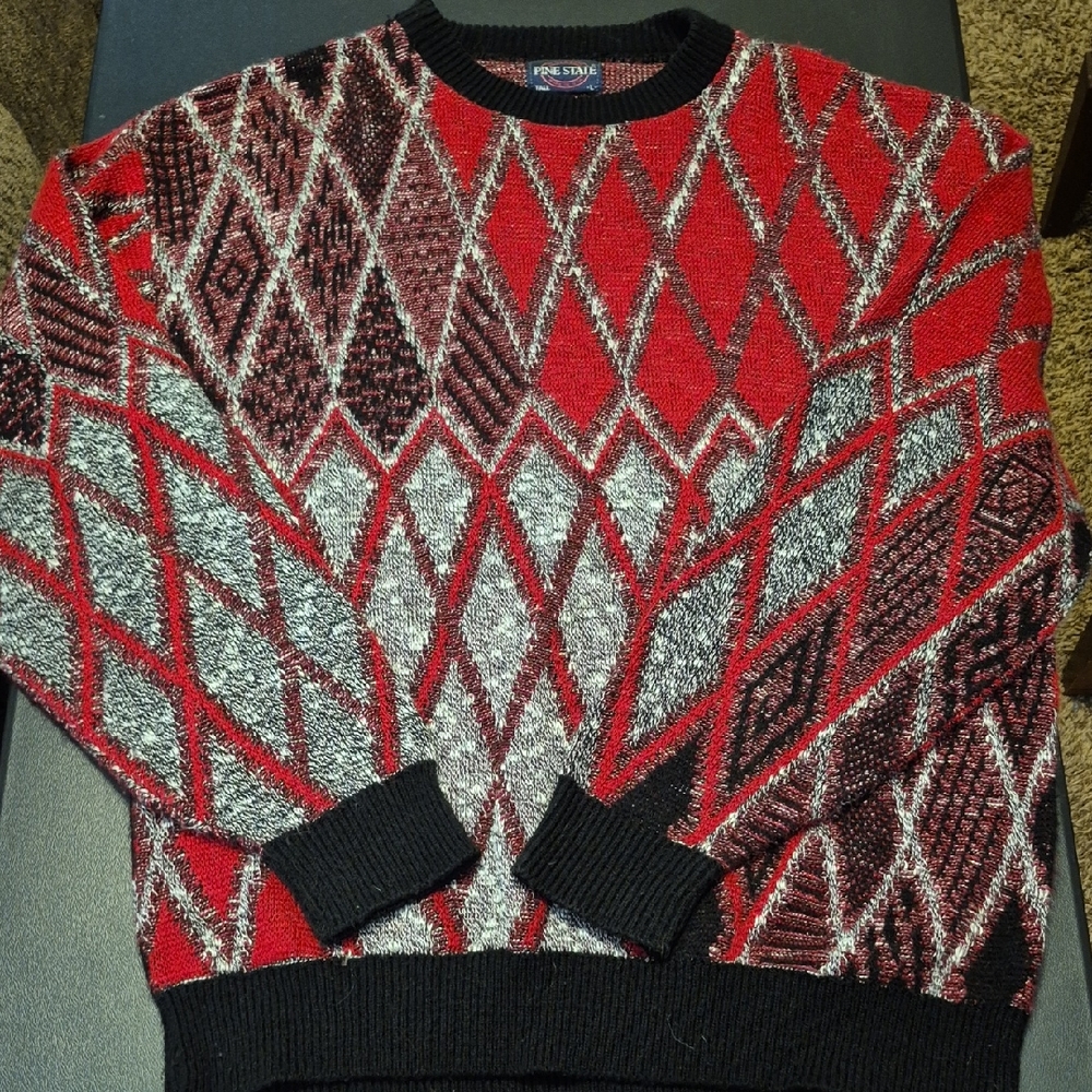 Pine State Red and Black Geometric Crewneck Sweater
